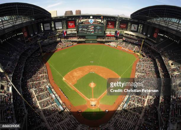 General view of Chase Field as the national anthem is performed before the MLB game between the Arizona Diamondbacks and the Cleveland Indians on...