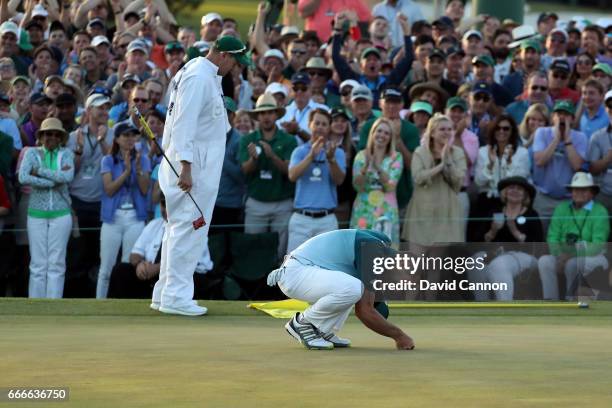 Sergio Garcia of Spain celebrates after defeating Justin Rose of England on the first playoff hole during the final round of the 2017 Masters...