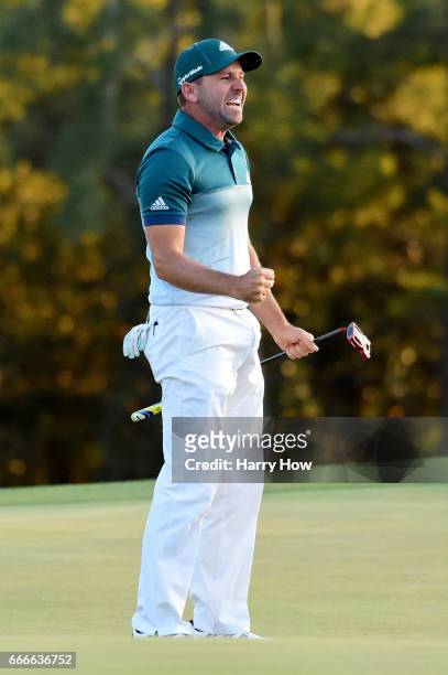 Sergio Garcia of Spain celebrates after defeating Justin Rose of England on the first playoff hole during the final round of the 2017 Masters...