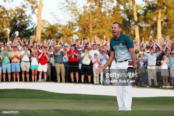 Sergio Garcia of Spain celebrates after defeating Justin Rose of England on the first playoff hole during the final round of the 2017 Masters...