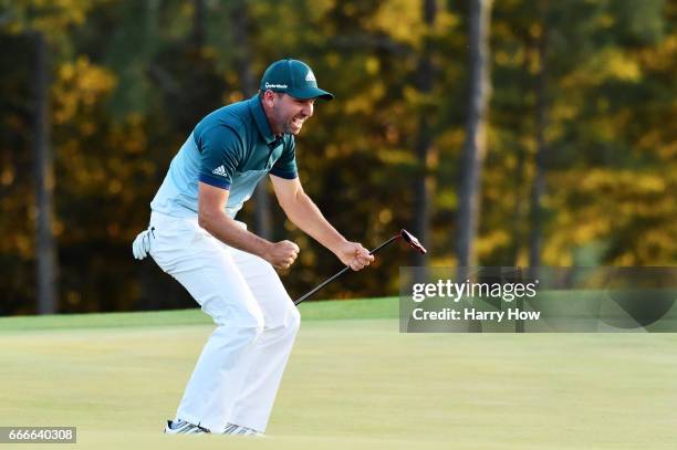 Sergio Garcia of Spain celebrates after defeating Justin Rose of England on the first playoff hole during the final round of the 2017 Masters...