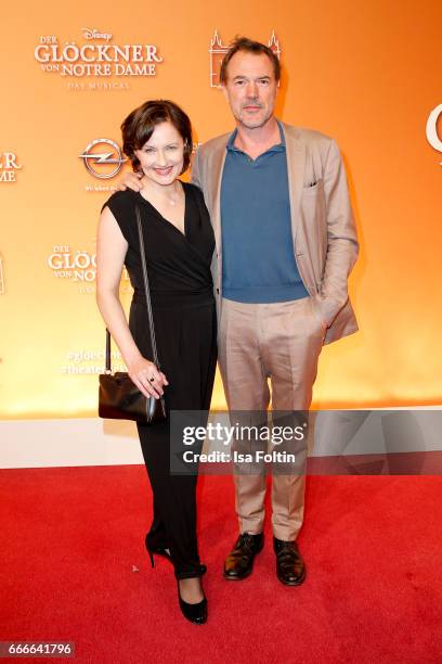 Frederike Haas and German actor Sebastian Koch attend the premiere of the musical 'Der Gloeckner von Notre Dame' on April 9, 2017 in Berlin, Germany.