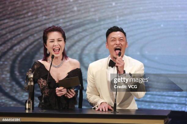Actress/Singer Miriam Yeung and actor Shawn Yue Man-lok perform onstage during the 36th Hong Kong Film Awards ceremony at Hong Kong Cultural Centre...