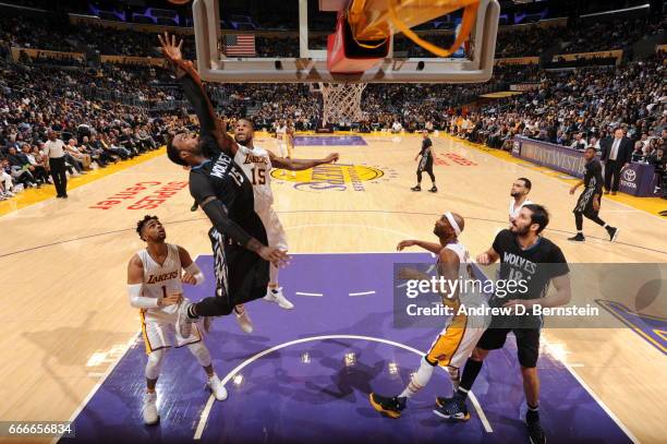 Shabazz Muhammad of the Minnesota Timberwolves and Thomas Robinson of the Los Angeles Lakers go for the rebound on April 9, 2017 at STAPLES Center in...