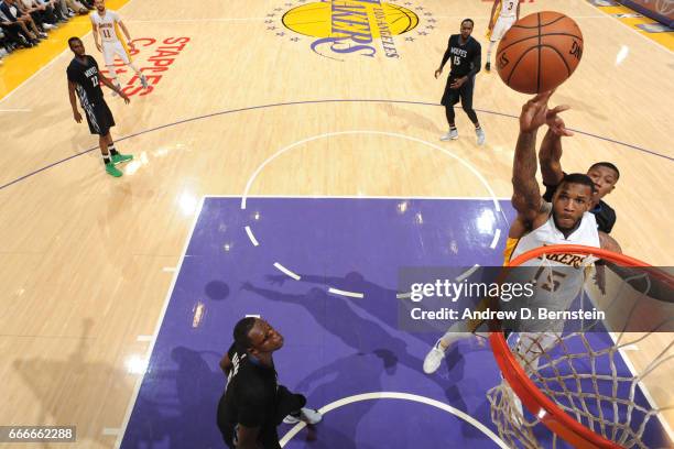 Thomas Robinson of the Los Angeles Lakers shoots the ball against the Minnesota Timberwolves on April 9, 2017 at STAPLES Center in Los Angeles,...