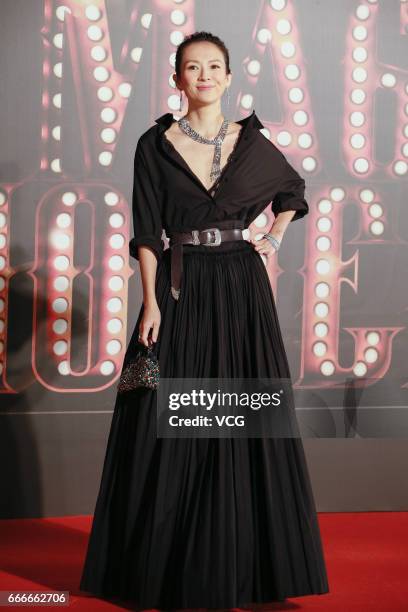 Actress Zhang Ziyi poses on red carpet of the 36th Hong Kong Film Awards ceremony at Hong Kong Cultural Centre on April 9, 2017 in Hong Kong, China.