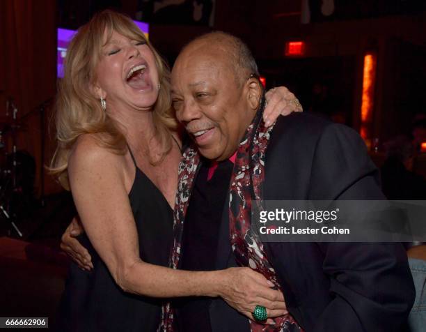 Actor Goldie Hawn and record producer Quincy Jones attend an evening with Quincy Jones and The Jazz Foundation of America at Vibrato on April 9, 2017...