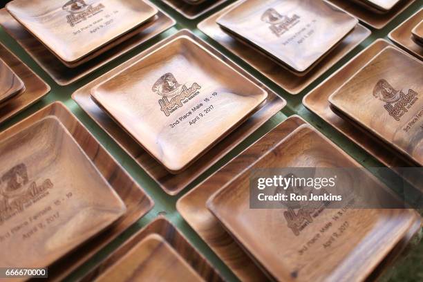 Winners' plates are seen during The Hapalua 2017 - Hawaii's Half Marathon on April 9, 2017 in Honolulu, Hawaii.