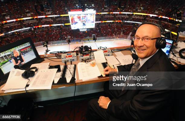 Los Angeles Kings announcer Bob Miller poses for a photo as he calls his final game, after 44 years on the job, during the game between the Los...
