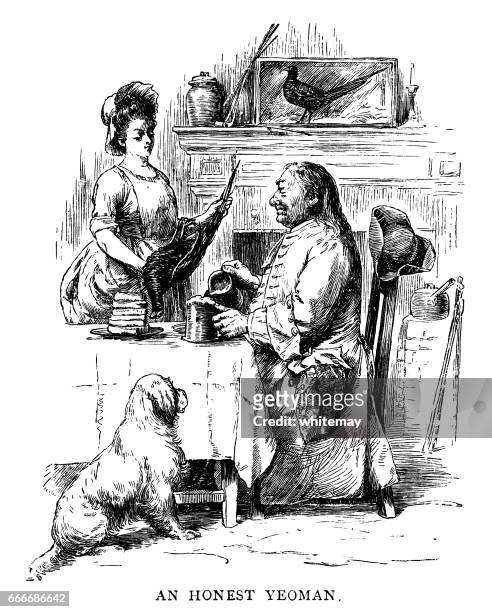 early 18th century man pouring a tankard of ale - farmer wife stock illustrations