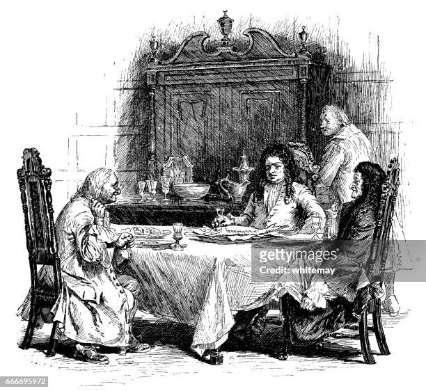 ilustrações de stock, clip art, desenhos animados e ícones de early 18th century men seated around the dinner table - estereótipo de classe média