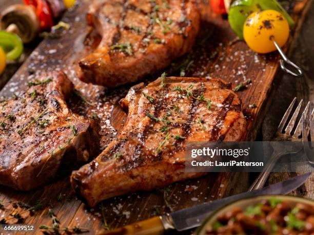 bbq pork chops with vegetable skewers - pork imagens e fotografias de stock