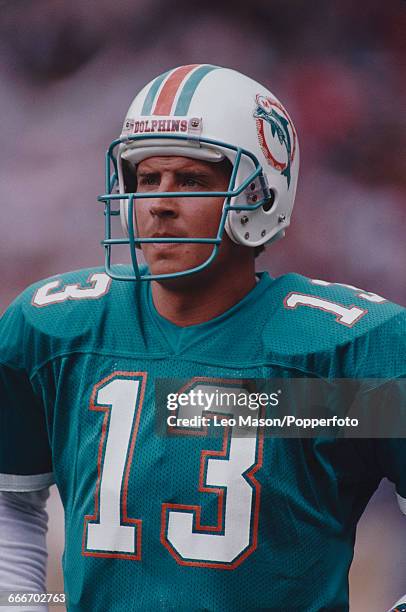 American football quarterback Dan Marino, pictured in action playing for the Miami Dolphins against the San Francisco 49ers during the American Bowl...