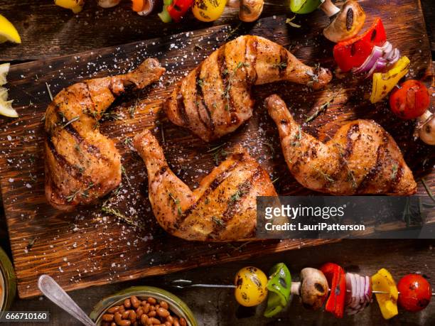 muslos de pollo a la plancha con pinchos de vegetales - chicken meat fotografías e imágenes de stock