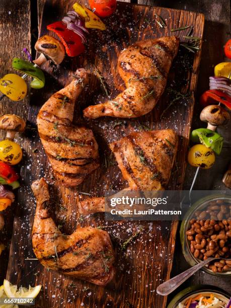 grilled chicken legs with vegetable skewers - turkey leg stock pictures, royalty-free photos & images