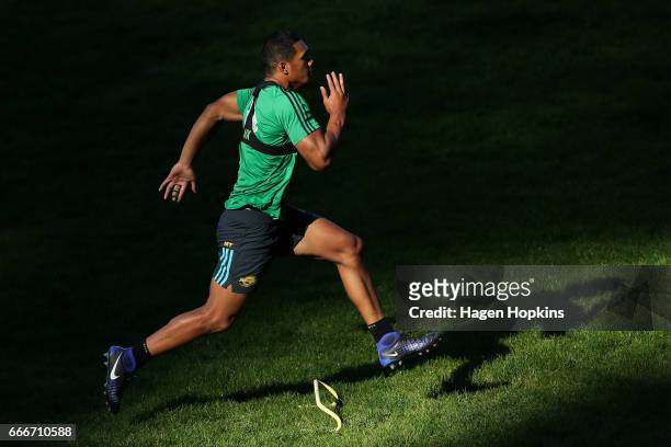 Malo Tuitama in action during a Hurricanes Super Rugby training session at Rugby League Park on April 10, 2017 in Wellington, New Zealand.