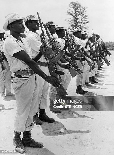 Pro-Mugabe guerillas train at Lupane camp, March 05, 1980 in East Rhodesia. Gabriel Mugabe, leader of Zimbabwe African National Union Patriotic Front...