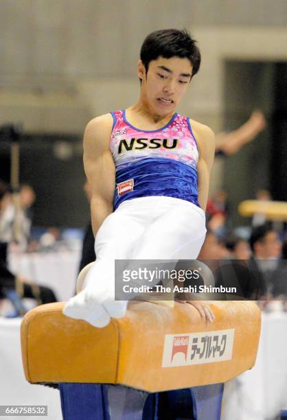 Kenzo Shirai competes in the Men's pommel horse in the Men's All-Around qualification during day one of the All Japan Artistic Gymnastics...