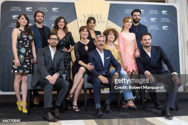 Imanol Arias and the cast of Velet Coleccion pose during a photocall for their latest television series held at the Hotel Majestic on April 10, 2017...