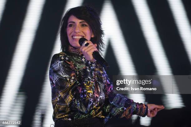 Italian singer Giorgia performs on the stage of Palasele for "Oronero Tour" on April 9, 2017 in Eboli, Italy.