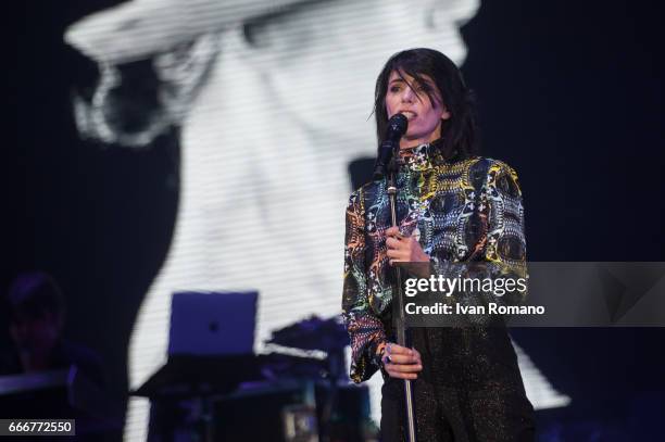 Italian singer Giorgia performs on the stage of Palasele for "Oronero Tour" on April 9, 2017 in Eboli, Italy.