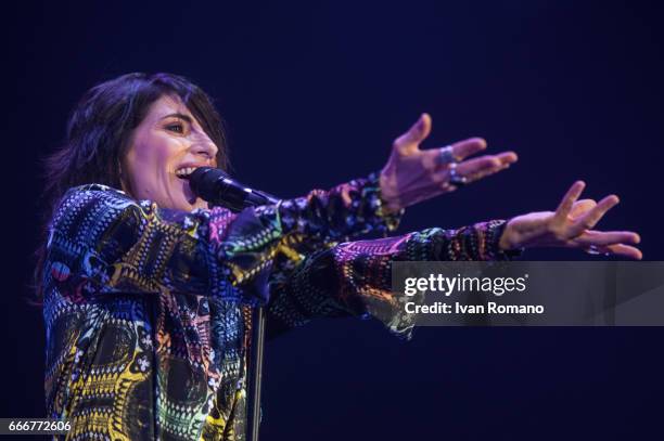 Italian singer Giorgia performs on the stage of Palasele for "Oronero Tour" on April 9, 2017 in Eboli, Italy.