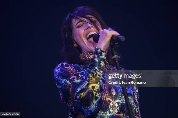 Italian singer Giorgia performs on the stage of Palasele for "Oronero Tour" on April 9, 2017 in Eboli, Italy.