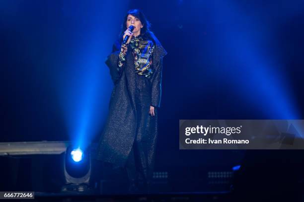 Italian singer Giorgia performs on the stage of Palasele for "Oronero Tour" on April 9, 2017 in Eboli, Italy.