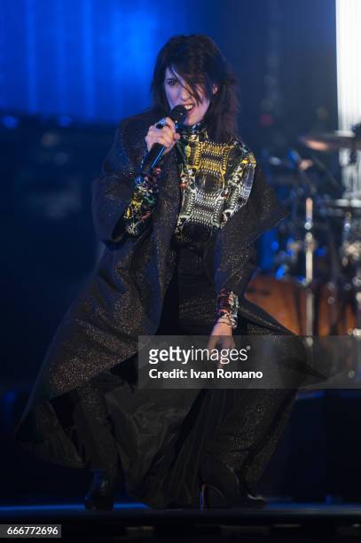 Italian singer Giorgia performs on the stage of Palasele for "Oronero Tour" on April 9, 2017 in Eboli, Italy.