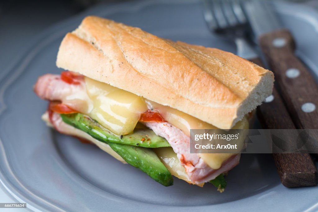Tasty sandwich with avocado, bacon, tomato and cheese
