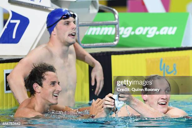 Cameron McEvoy, Kyle Chalmers and Mack Horton of Australia catch their breath after competing in the Men's 200m Freestyle during the 2017 Australian...