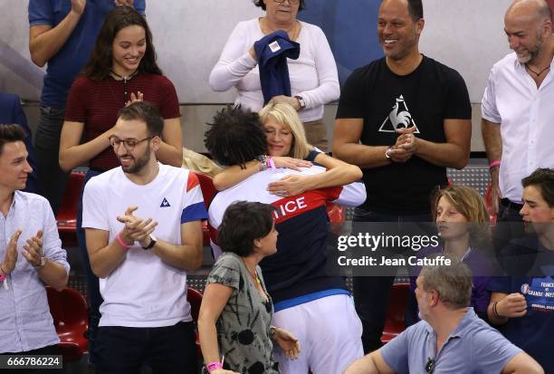 Captain of France Yannick Noah, his wife Isabelle Camus, their son Joalukas Noah following the victory 3-0 on day 2 of the Davis Cup World Group...
