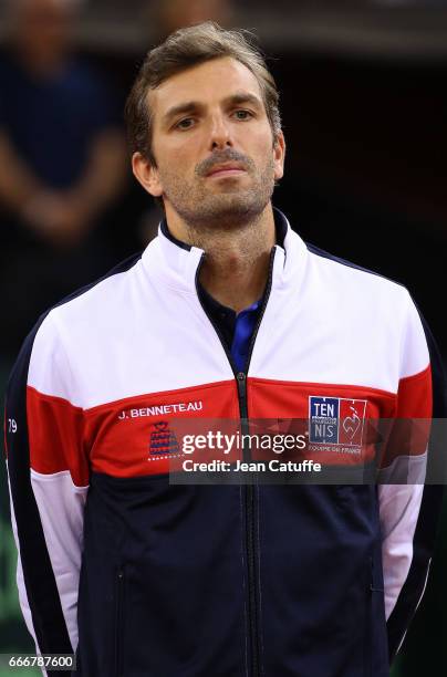 Julien Benetteau of France looks on before the doubles match on day 2 of the Davis Cup World Group quarter final tie between France and Great Britain...