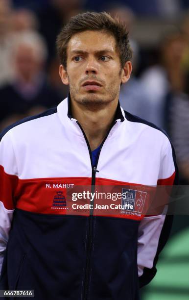 Nicolas Mahut of France looks on before the doubles match on day 2 of the Davis Cup World Group quarter final tie between France and Great Britain at...