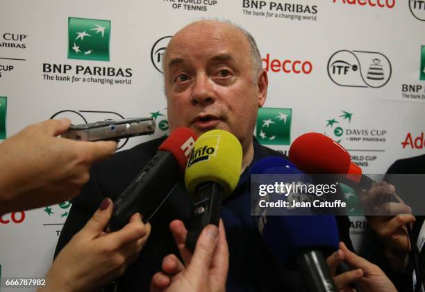 President of French Tennis Federation Bernard Guidicelli answers to the media following the victory 3-0 on day 2 of the Davis Cup World Group quarter...