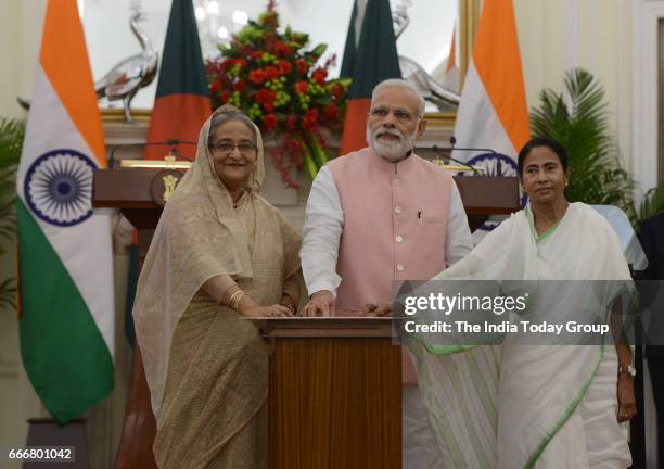 Indian Prime Minister Narendra Modi , Bangladesh Prime Minister Sheikh Hasina and West Bengal Chief Minister Mamata Banerjee jointly flagged off a...