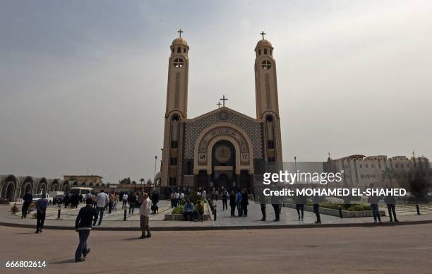 General views shows the Monastery of Marmina in the city of Borg El-Arab, east of Alexandria on April 10 as mourners attend the funeral of victims of...