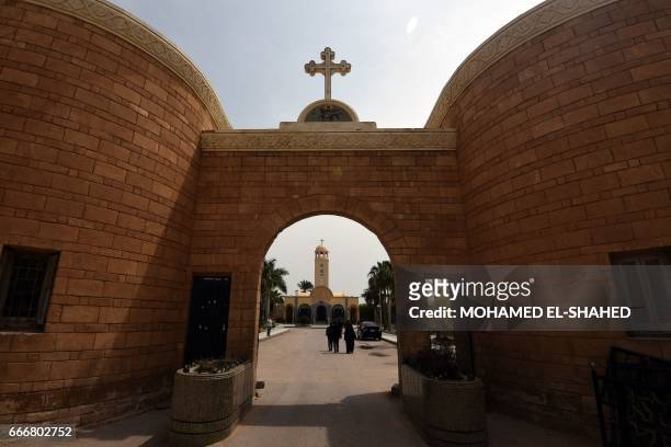 General views shows the Monastery of Marmina in the city of Borg El-Arab, east of Alexandria on April 10 as mourners attend the funeral of victims of...