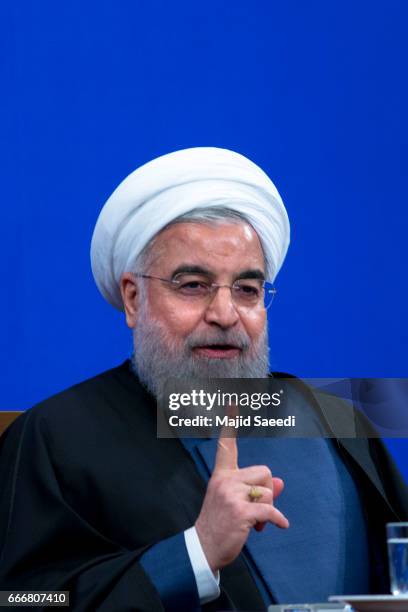 Iranian President Hassan Rouhani gives a press conference in the capital on April 10, 2017 in Tehran, Iran. Rouhani is expected to run for a second...