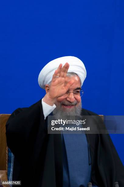 Iranian President Hassan Rouhani gives a press conference in the capital on April 10, 2017 in Tehran, Iran. Rouhani is expected to run for a second...