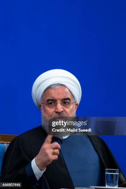 Iranian President Hassan Rouhani gives a press conference in the capital on April 10, 2017 in Tehran, Iran. Rouhani is expected to run for a second...