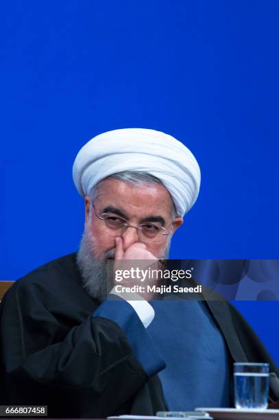 Iranian President Hassan Rouhani gives a press conference in the capital on April 10, 2017 in Tehran, Iran. Rouhani is expected to run for a second...