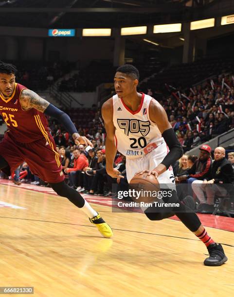 April 8 : Bruno Caboclo of the Raptors 905 drives the ball by Eric Moreland of the Canton Charge at the Hershey Centre on April 8, 2017 in...