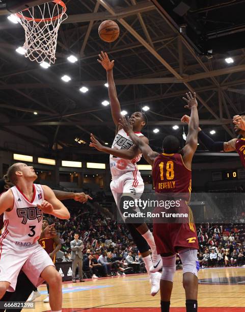 April 8 : Yanick Moreira of the Raptors 905 shoots the ball over Gerald Beverly of the Canton Charge at the Hershey Centre on April 8, 2017 in...