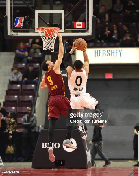 April 8 : John Jordan of the Raptors 905 goes up for the shot against Cameron Jones of the Canton Charge at the Hershey Centre on April 8, 2017 in...