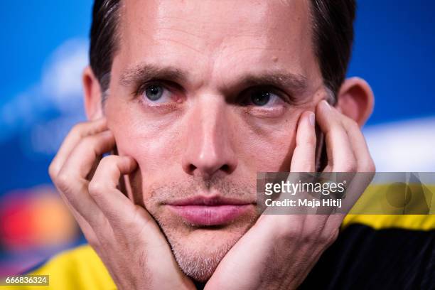 Head coach Thomas Tuchel of Dortmund looks on during a press conference prior the UEFA Champions League Quarter Final First Leg match between...