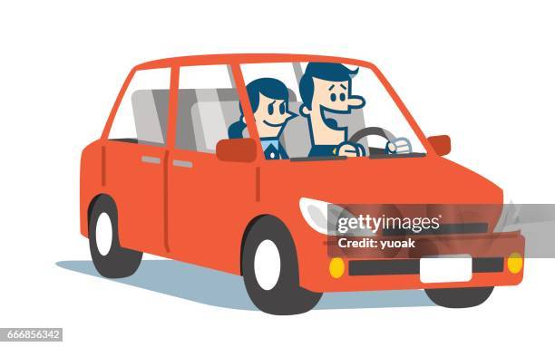 smiling  couple in the car - woman car stock illustrations