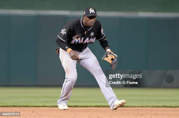 Adeiny Hechavarria of the Miami Marlins plays shortstop against the Washington Nationals at Nationals Park on April 5, 2017 in Washington, DC.