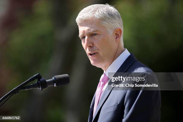 Supreme Court Associate Justice Neil Gorsuch delivers remarks after taking the judicial oath during a ceremony in the Rose Garden at the White House...