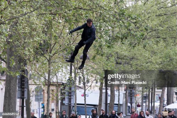 Actor Tom Cruise is seen on set for 'Mission:Impossible 6 Gemini' filming on April 10, 2017 in Paris, France.